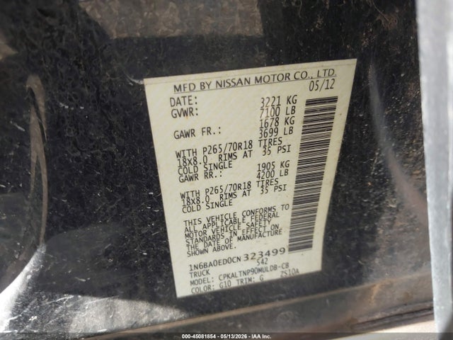 45081854 :رقم المزاد ، 1N6BA0ED0CN323499 vin ، 2012 Nissan Titan Sv مزاد بيع