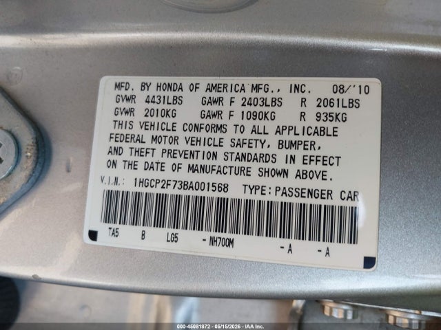 Auction sale of the 2011 Honda Accord 2.4 Ex, vin: 1HGCP2F73BA001568, lot number: 45081872