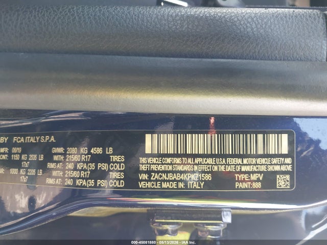 2019 Jeep Renegade Sport 4x4 მანქანა იყიდება აუქციონზე, vin: ZACNJBAB4KPK71586, აუქციონის ნომერი: 45081880