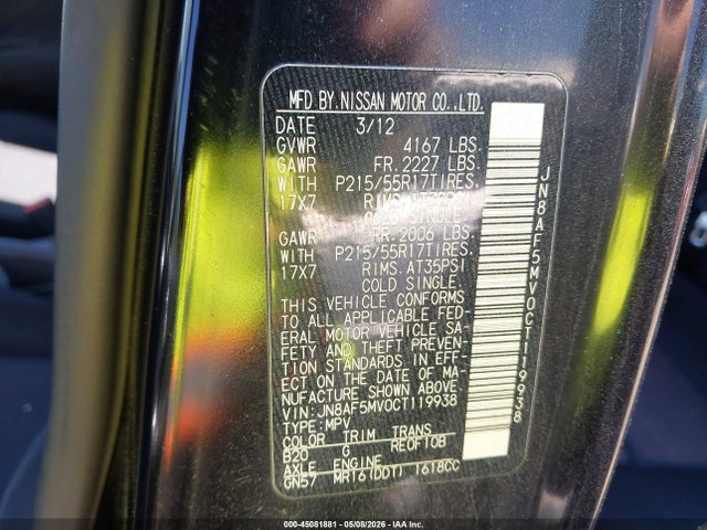 Aukcja sprzedaży 2012 Nissan Juke S, vin: JN8AF5MV0CT119938, numer aukcji: 45081881