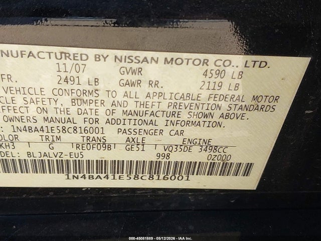 Продаж на аукціоні авто 2008 Nissan Maxima 3.5 Se, vin: 1N4BA41E58C816001, номер лоту: 45081889