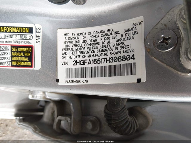 Aukcja sprzedaży 2007 Honda Civic Lx, vin: 2HGFA16517H308804, numer aukcji: 45081898