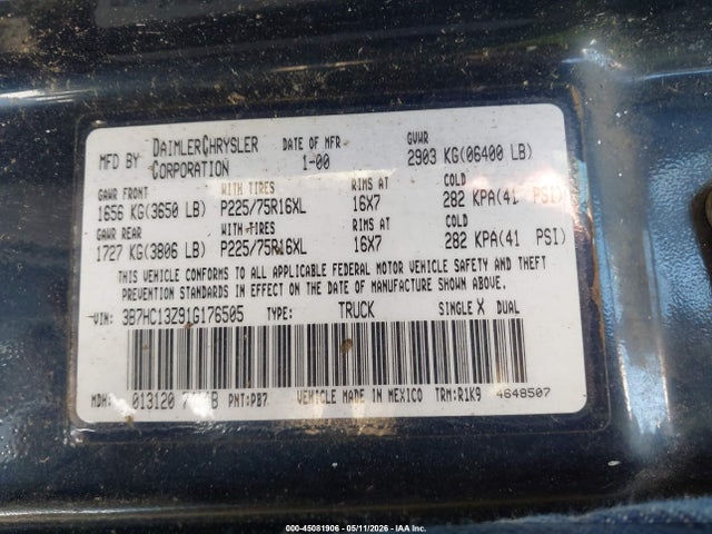 Продажа на аукционе авто 2001 Dodge Ram 1500 St, vin: 3B7HC13Z91G176505, номер лота: 45081906