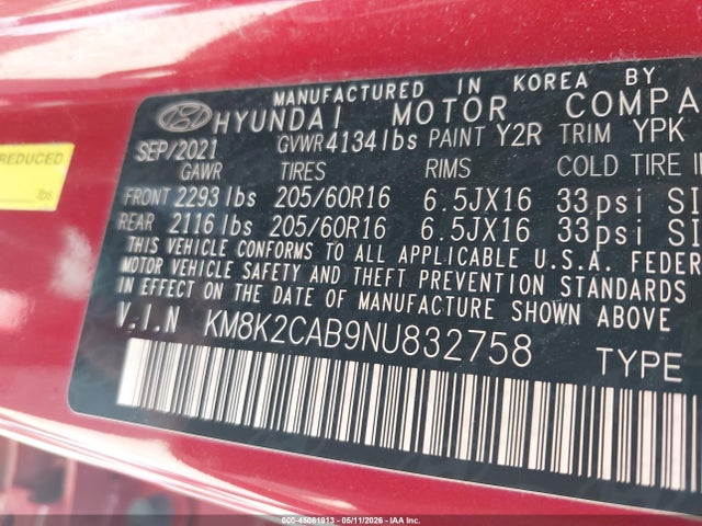 Aukcja sprzedaży 2022 Hyundai Kona Se, vin: KM8K2CAB9NU832758, numer aukcji: 45081913