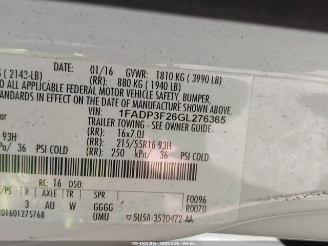 45081915 :رقم المزاد ، 1FADP3F26GL276365 vin ، 2016 Ford Focus Se مزاد بيع