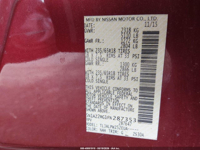 Aukcja sprzedaży 2015 Nissan Murano S, vin: 5N1AZ2MG1FN287353, numer aukcji: 45081918
