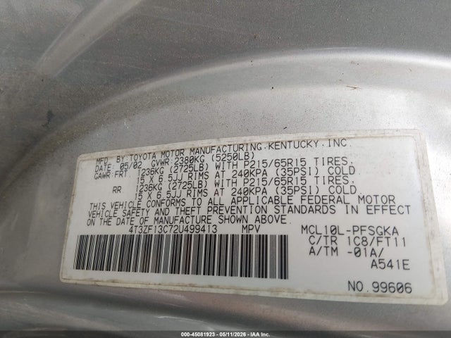 2002 Toyota Sienna Le მანქანა იყიდება აუქციონზე, vin: 4T3ZF13C72U499413, აუქციონის ნომერი: 45081923