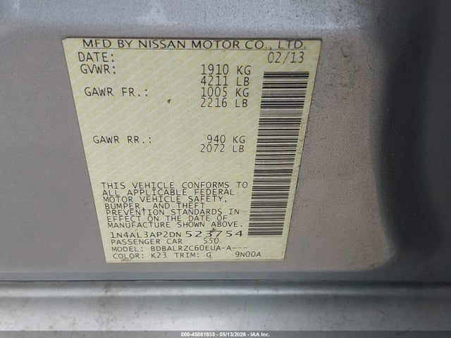 2013 Nissan Altima 2.5 S მანქანა იყიდება აუქციონზე, vin: 1N4AL3AP2DN523754, აუქციონის ნომერი: 45081933