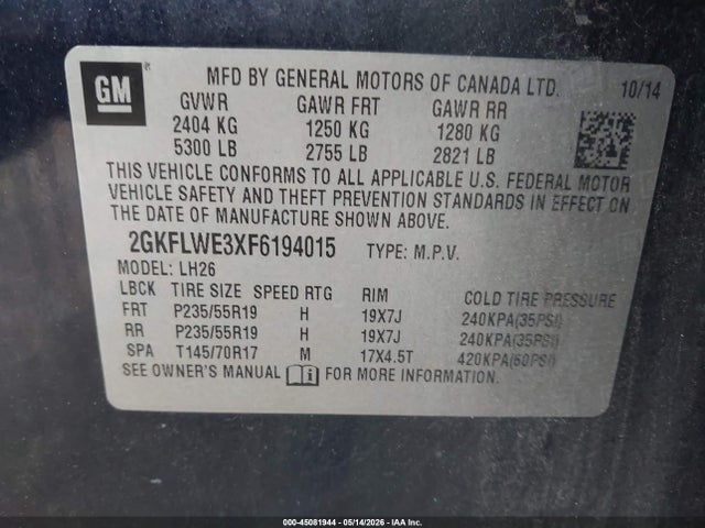45081944 :رقم المزاد ، 2GKFLWE3XF6194015 vin ، 2015 Gmc Terrain Sle-2 مزاد بيع