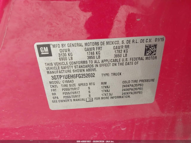 Aukcja sprzedaży 2015 Gmc Sierra 1500 Sle, vin: 3GTP1UEH6FG252602, numer aukcji: 45081951