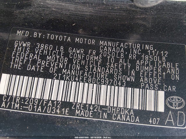 Aukcja sprzedaży 2013 Toyota Matrix L, vin: 2T1KU4EE8DC997043, numer aukcji: 45081950