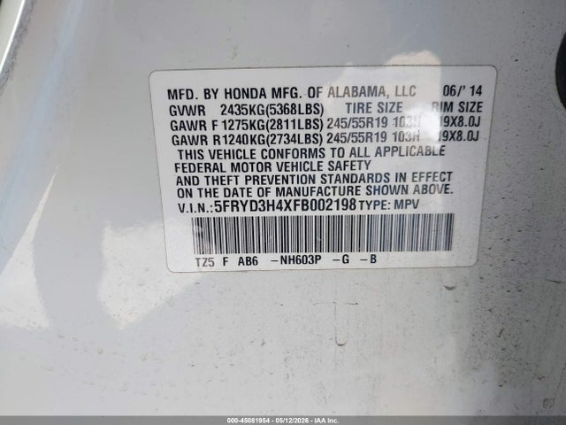 45081954 :رقم المزاد ، 5FRYD3H4XFB002198 vin ، 2015 Acura Mdx Technology Package مزاد بيع