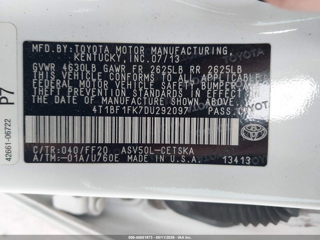 2013 Toyota Camry Se მანქანა იყიდება აუქციონზე, vin: 4T1BF1FK7DU292097, აუქციონის ნომერი: 45081973
