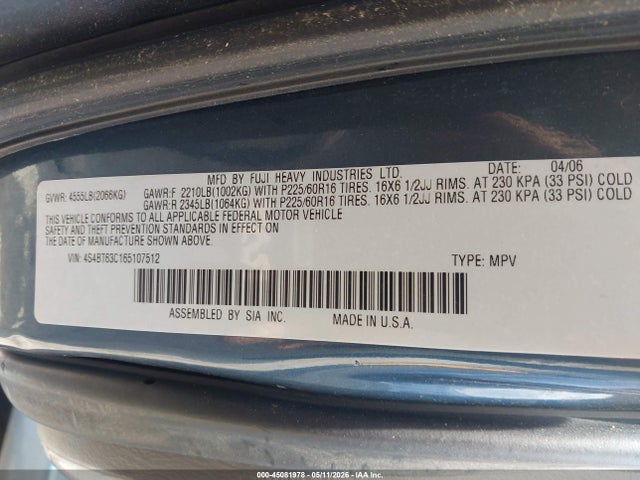 2006 Subaru Baja Turbo მანქანა იყიდება აუქციონზე, vin: 4S4BT63C165107512, აუქციონის ნომერი: 45081978