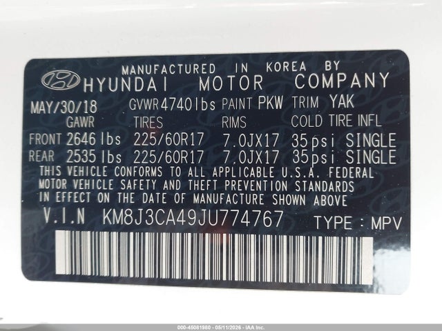 KM8J3CA49JU774767 Hyundai Tucson Sel Plus