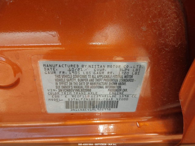 Aukcja sprzedaży 2021 Nissan Versa Sv Xtronic Cvt, vin: 3N1CN8EV1ML922998, numer aukcji: 45081984