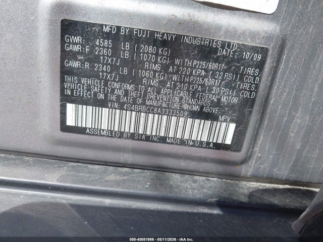 45081986 :رقم المزاد ، 4S4BRBCC8A3333509 vin ، 2010 Subaru Outback 2.5i Premium مزاد بيع