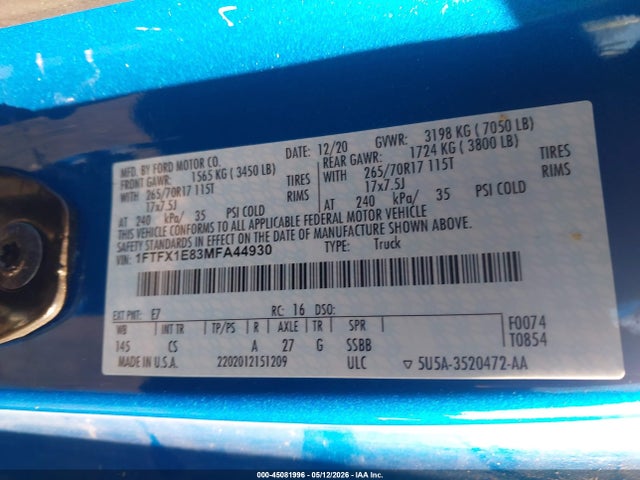 2021 Ford F-150 Xl მანქანა იყიდება აუქციონზე, vin: 1FTFX1E83MFA44930, აუქციონის ნომერი: 45081996