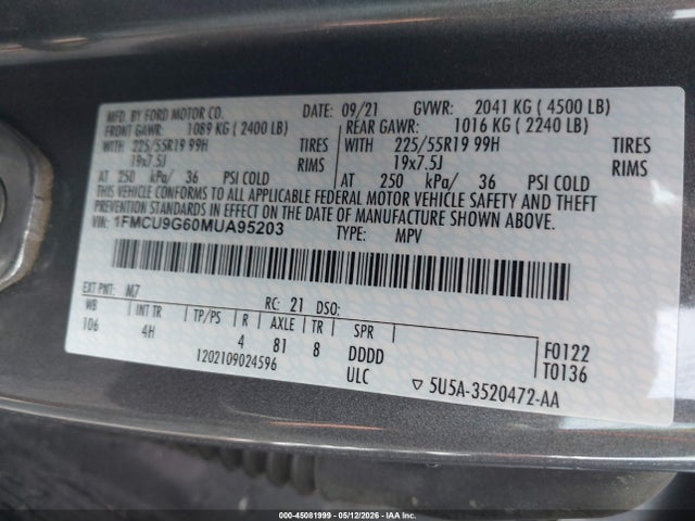 Aukcja sprzedaży 2021 Ford Escape Se, vin: 1FMCU9G60MUA95203, numer aukcji: 45081999