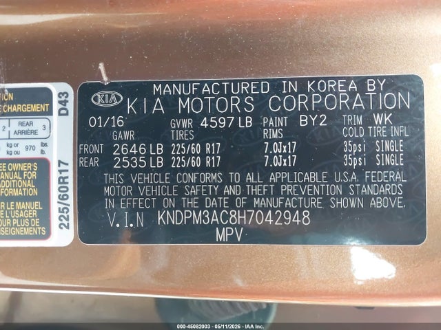 Aukcja sprzedaży 2017 Kia Sportage Lx, vin: KNDPM3AC8H7042948, numer aukcji: 45082003