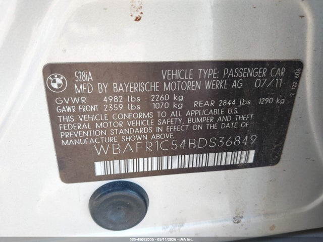 45082005 :رقم المزاد ، WBAFR1C54BDS36849 vin ، 2011 Bmw 528i مزاد بيع