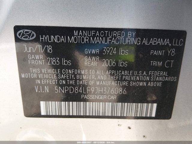 Продаж на аукціоні авто 2018 Hyundai Elantra Value Edition, vin: 5NPD84LF9JH376086, номер лоту: 45082007