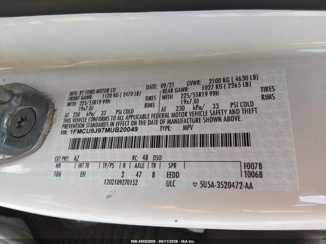 Продаж на аукціоні авто 2021 Ford Escape Titanium, vin: 1FMCU9J97MUB20049, номер лоту: 45082008