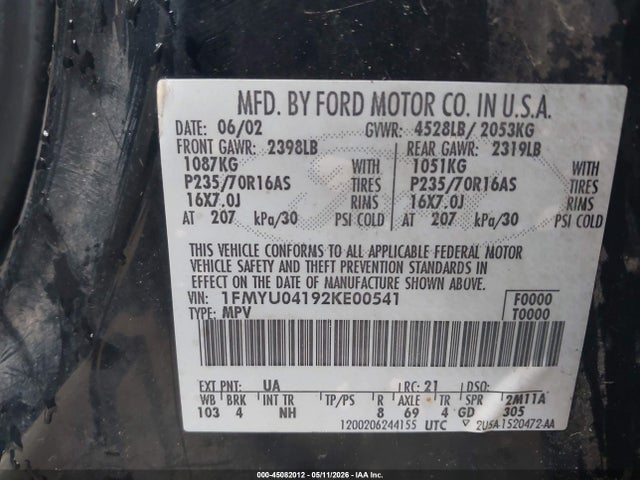 Aukcja sprzedaży 2002 Ford Escape Xlt, vin: 1FMYU04192KE00541, numer aukcji: 45082012