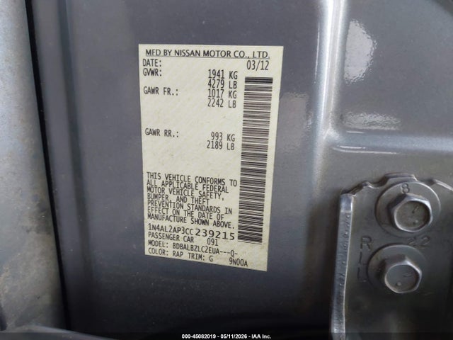 Aukcja sprzedaży 2012 Nissan Altima 2.5 S, vin: 1N4AL2AP3CC239215, numer aukcji: 45082019