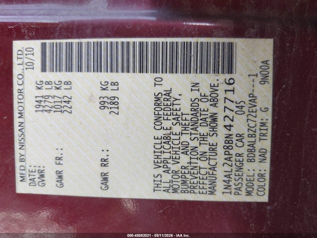 Aukcja sprzedaży 2011 Nissan Altima 2.5 S, vin: 1N4AL2AP8BN427716, numer aukcji: 45082021