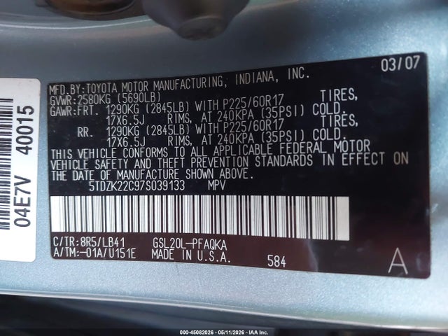 Продажа на аукционе авто 2007 Toyota Sienna Xle, vin: 5TDZK22C97S039133, номер лота: 45082026