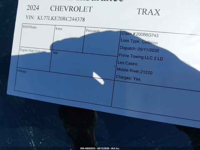2024 Chevrolet Trax Fwd Activ მანქანა იყიდება აუქციონზე, vin: KL77LKE20RC244378, აუქციონის ნომერი: 45082033