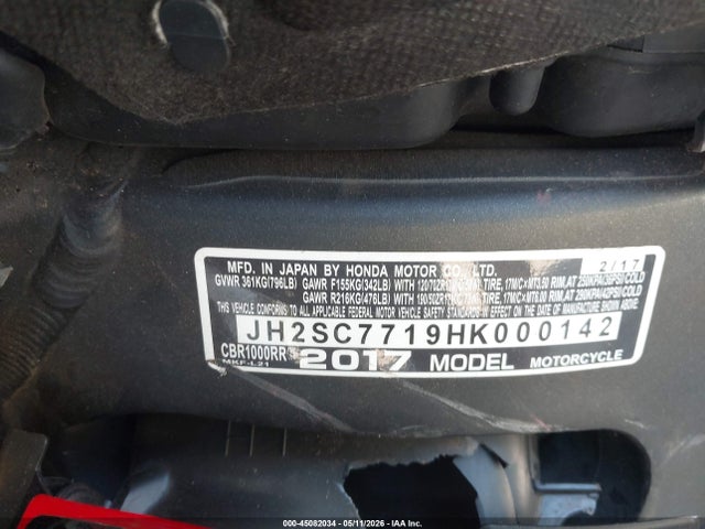Auction sale of the 2017 Honda Cbr1000 Rr, vin: JH2SC7719HK000142, lot number: 45082034