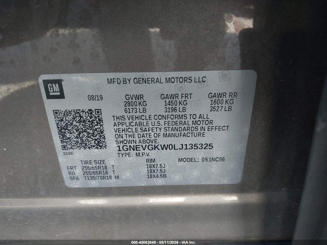 Продажа на аукционе авто 2020 Chevrolet Traverse Awd Lt Cloth, vin: 1GNEVGKW0LJ135325, номер лота: 45082049
