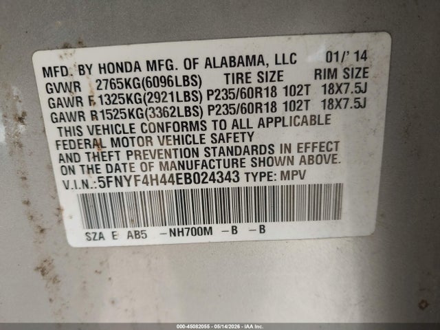 2014 Honda Pilot Ex მანქანა იყიდება აუქციონზე, vin: 5FNYF4H44EB024343, აუქციონის ნომერი: 45082055