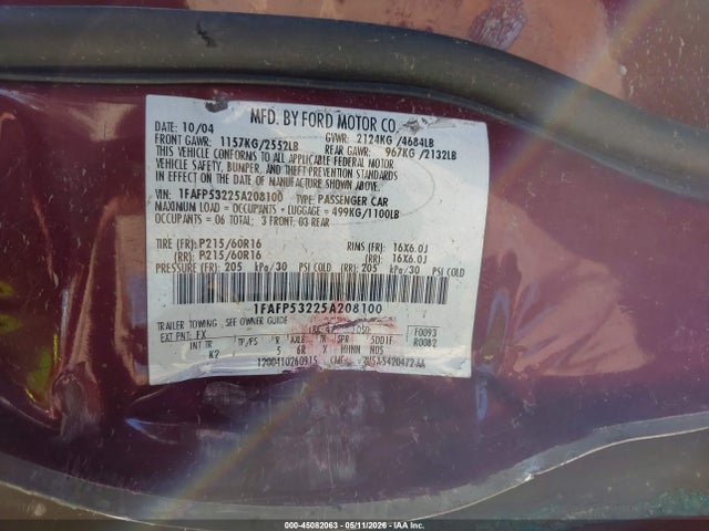 45082063 :رقم المزاد ، 1FAFP53225A208100 vin ، 2005 Ford Taurus Se مزاد بيع