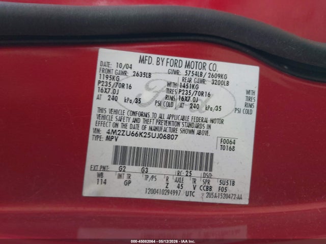 45082064 :رقم المزاد ، 4M2ZU66K25UJ06807 vin ، 2005 Mercury Mountaineer مزاد بيع