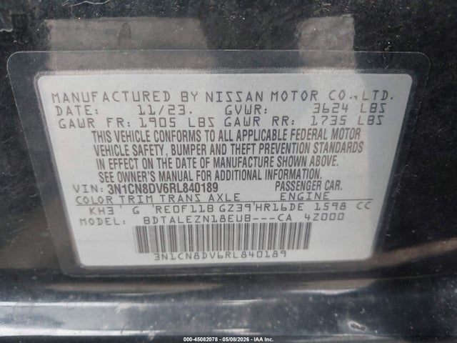 Auction sale of the 2024 Nissan Versa 1.6 S, vin: 3N1CN8DV6RL840189, lot number: 45082078