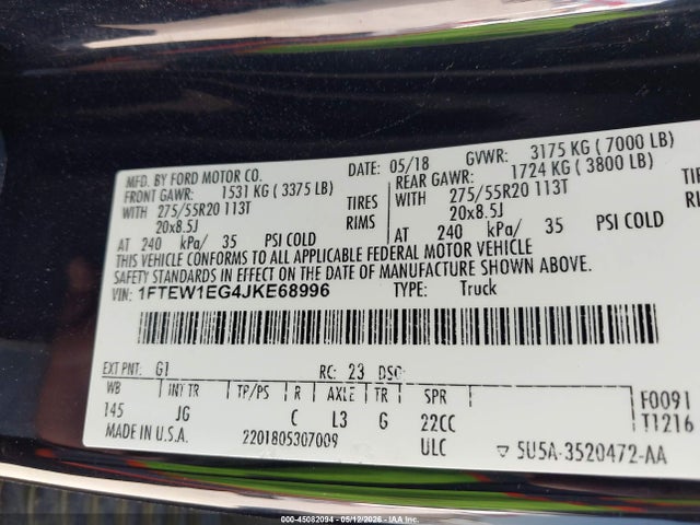 2018 Ford F-150 Xl მანქანა იყიდება აუქციონზე, vin: 1FTEW1EG4JKE68996, აუქციონის ნომერი: 45082094