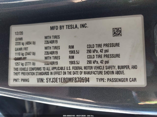 Aukcja sprzedaży 2021 Tesla Model 3 Long Range Dual Motor All-wheel Drive, vin: 5YJ3E1EB0MF870594, numer aukcji: 45082105