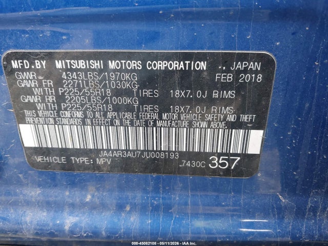 Aukcja sprzedaży 2018 Mitsubishi Outlander Sport 2.0 Le, vin: JA4AR3AU7JU008193, numer aukcji: 45082108