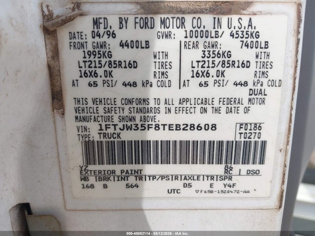 45082114 :رقم المزاد ، 1FTJW35F8TEB28608 vin ، 1996 Ford F350 مزاد بيع