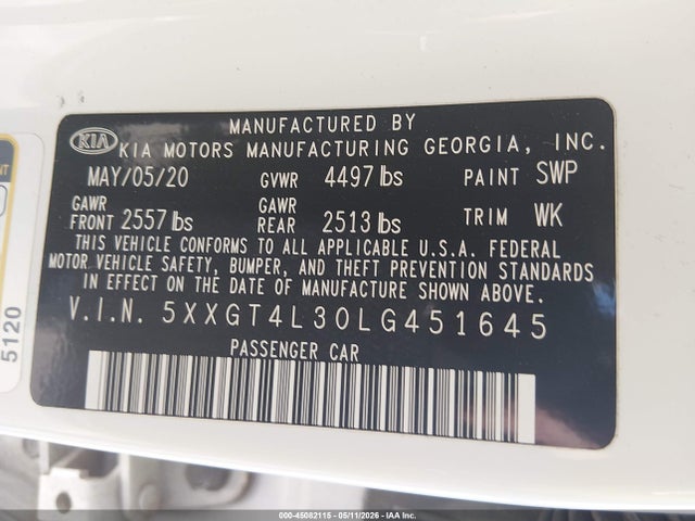 45082115 :رقم المزاد ، 5XXGT4L30LG451645 vin ، 2020 Kia Optima Lx مزاد بيع