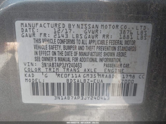 Aukcja sprzedaży 2018 Nissan Sentra S, vin: 3N1AB7AP3JY240463, numer aukcji: 45082118