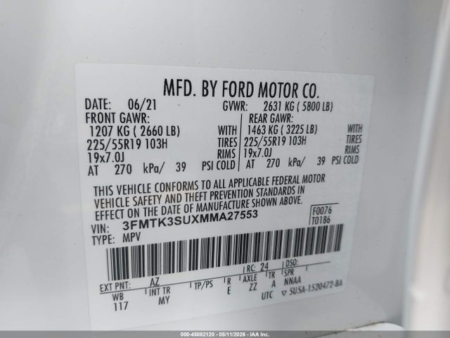 2021 Ford Mustang Mach-e Premium მანქანა იყიდება აუქციონზე, vin: 3FMTK3SUXMMA27553, აუქციონის ნომერი: 45082120