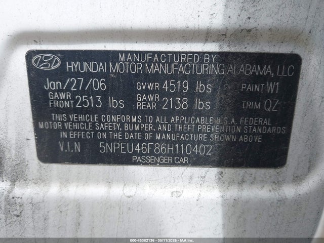 Aukcja sprzedaży 2006 Hyundai Sonata Gls V6/lx V6, vin: 5NPEU46F86H110402, numer aukcji: 45082136