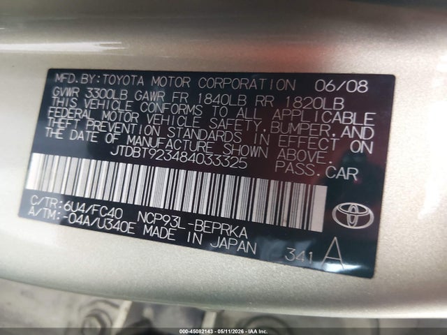 45082143 :رقم المزاد ، JTDBT923484033325 vin ، 2008 Toyota Yaris مزاد بيع