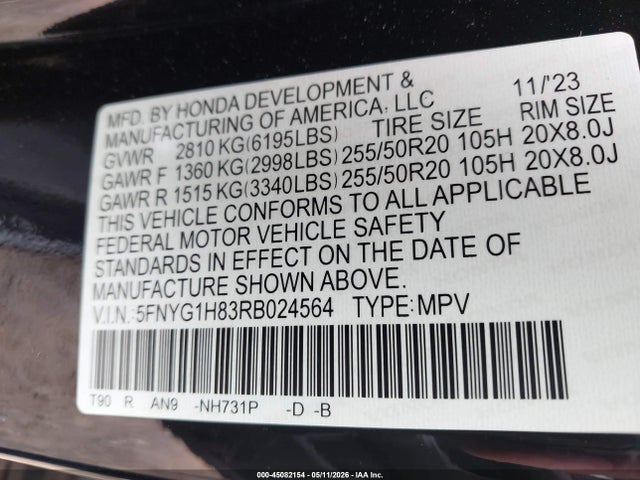 Продажа на аукционе авто 2024 Honda Pilot Elite, vin: 5FNYG1H83RB024564, номер лота: 45082154