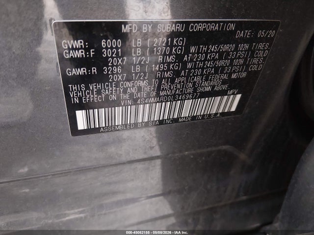2020 Subaru Ascent Touring მანქანა იყიდება აუქციონზე, vin: 4S4WMARD0L3469677, აუქციონის ნომერი: 45082155