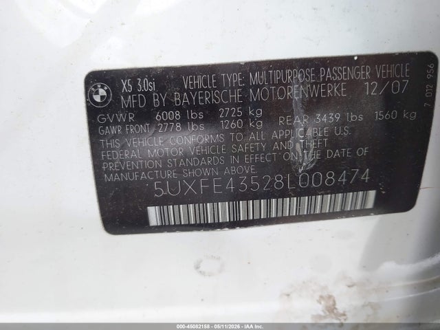 45082158 :رقم المزاد ، 5UXFE43528L008474 vin ، 2008 Bmw X5 3.0si مزاد بيع